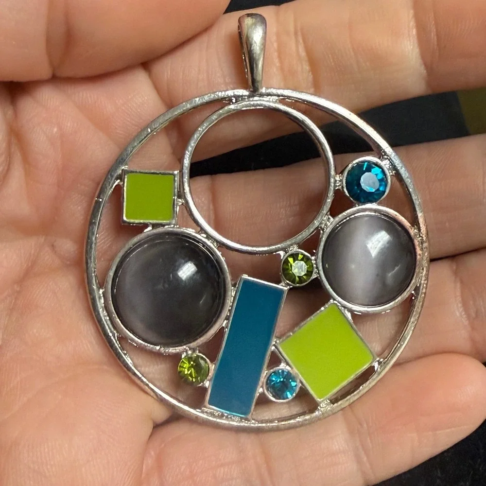 Geometric‎ Silver Tone Pendant Cats Eye Enamel Mixed Shapes Blue Green Grey 2